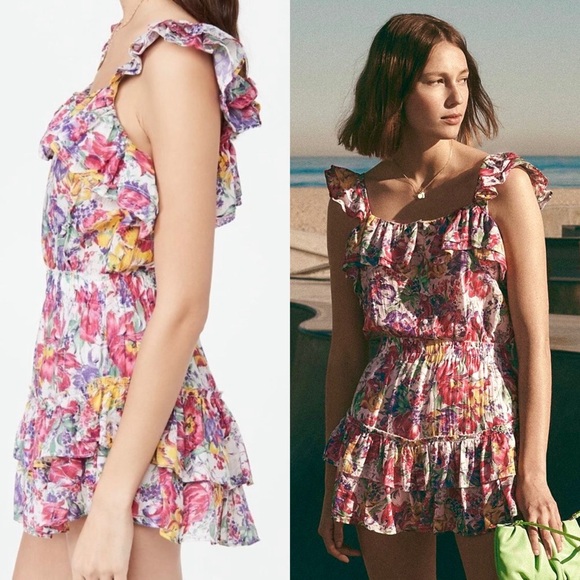 LOVESHACKFANCY Silk Cotton Floral Ruffle Trim Square Neck Mini Dress S - Picture 7 of 9